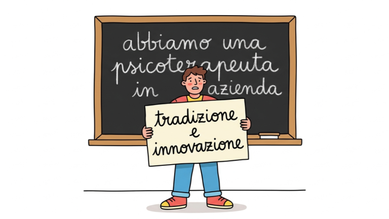 Illustrazione di figura davanti a una lavagna con scritto "abbiamo una psicoterapeuta in azienda" e cartello "tradizione e innovazione" — Valori aziendali e brand identity | Basta.
